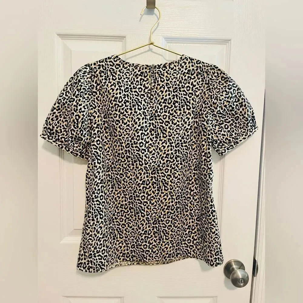 NWT J. Crew Leopard Print Puff Sleeve Top - Beige, Black
